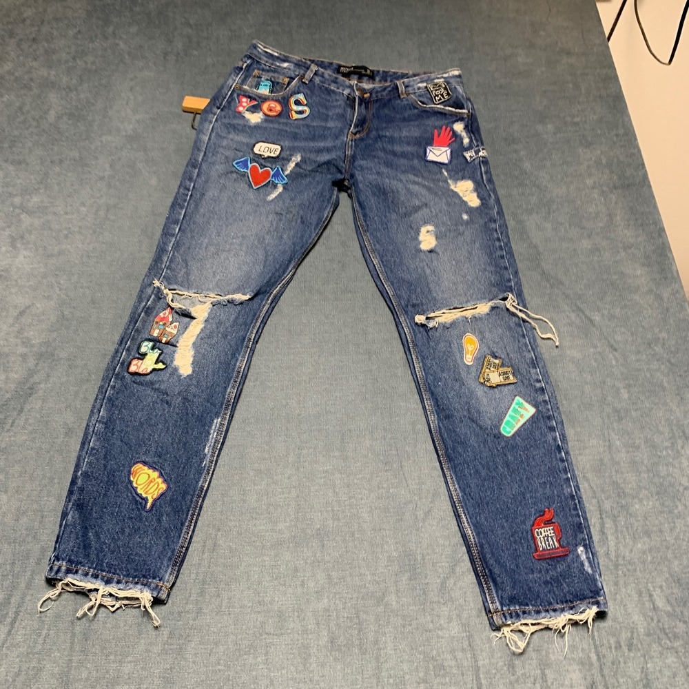 Zara Trafaluc Denim Makers Jeans Womens 04 Blue Patches Distressed Frayed Hem